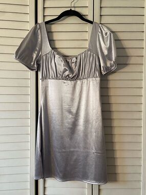 H&M Divided Silver Satin Mini Dress with Puff Sleeves